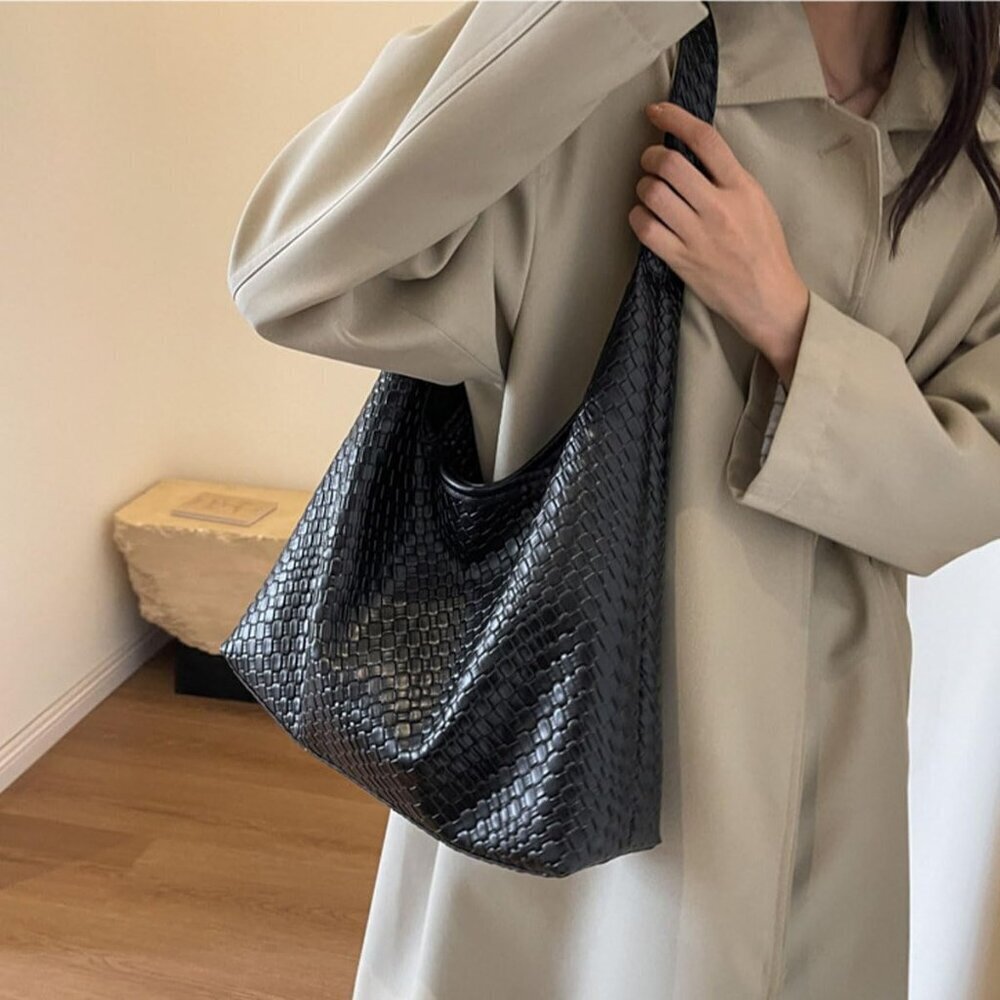 Woven Tote Bag Leather Size Large Versatile Casual Elegance